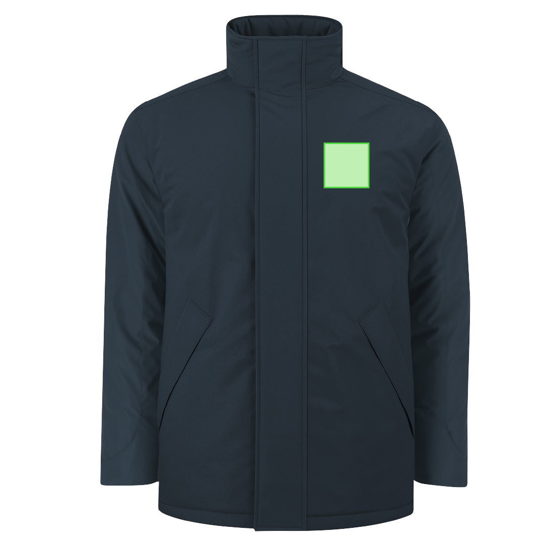 Parka adulto Oceanía RPET acolchada — exterior RPET / interior polar fleece, capucha plegable con velcro, acceso interior para marcaje