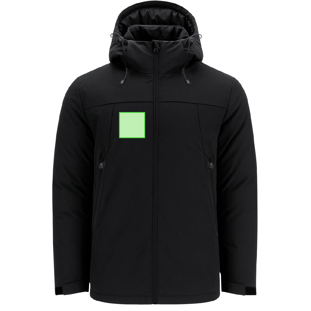 Parka Setter adulto soft shell con elastano — exterior 95% poliéster/5% elastano + interior poliéster 300 g/m², capucha ajustable, puños velcro