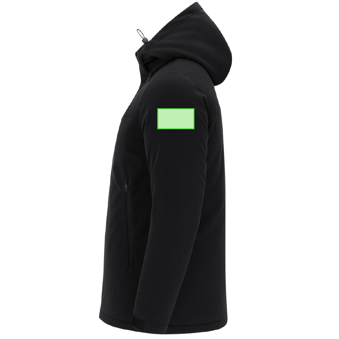 Parka Setter adulto soft shell con elastano — exterior 95% poliéster/5% elastano + interior poliéster 300 g/m², capucha ajustable, puños velcro