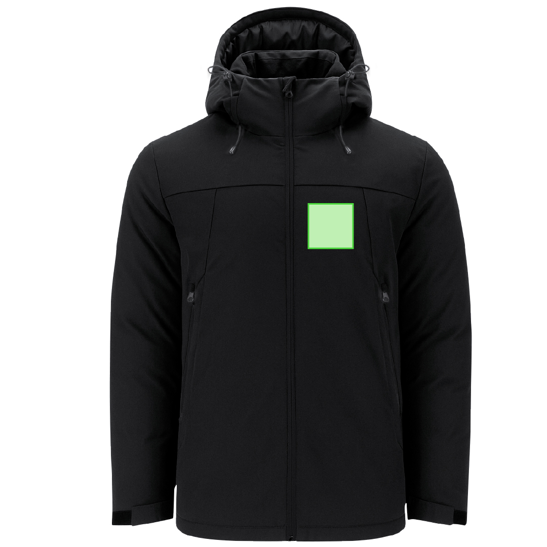 Parka Setter adulto soft shell con elastano — exterior 95% poliéster/5% elastano + interior poliéster 300 g/m², capucha ajustable, puños velcro