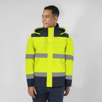 Parka alta visibilidad Rauric adulto acolchada — exterior impermeable termosellado + interior polar fleece, 4 bandas reflectantes, capucha enrollable, acceso interior para marcaje