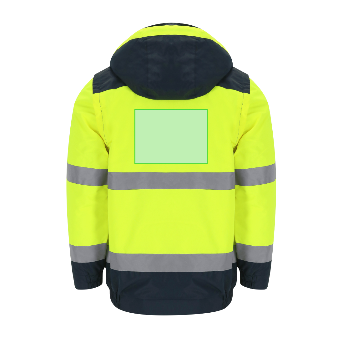 Parka alta visibilidad Rauric adulto acolchada — exterior impermeable termosellado + interior polar fleece, 4 bandas reflectantes, capucha enrollable, acceso interior para marcaje