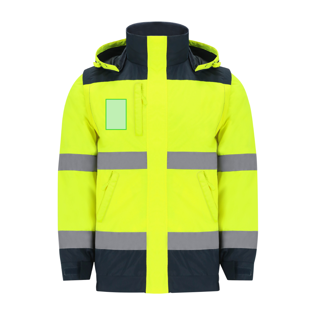 Parka alta visibilidad Rauric adulto acolchada — exterior impermeable termosellado + interior polar fleece, 4 bandas reflectantes, capucha enrollable, acceso interior para marcaje
