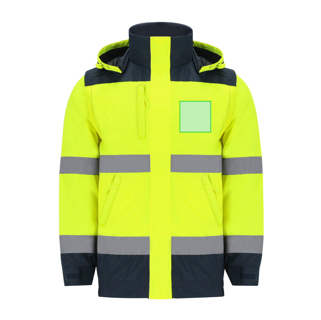 Parka alta visibilidad Rauric adulto acolchada — exterior impermeable termosellado + interior polar fleece, 4 bandas reflectantes, capucha enrollable, acceso interior para marcaje
