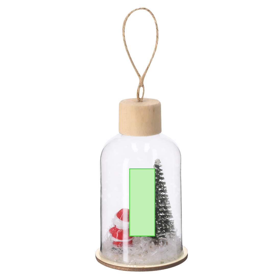 Adorno navideño iluminado Babek vidrio y madera — vidrio resistente con base de madera natural, 1 LED blanco, colgador yute, 3 pilas botón incluidas