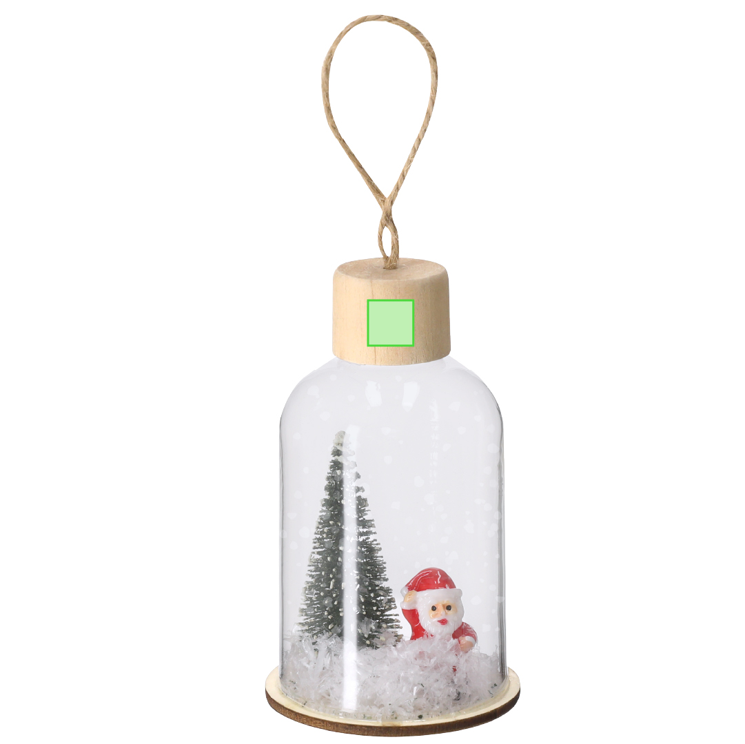 Adorno navideño iluminado Babek vidrio y madera — vidrio resistente con base de madera natural, 1 LED blanco, colgador yute, 3 pilas botón incluidas