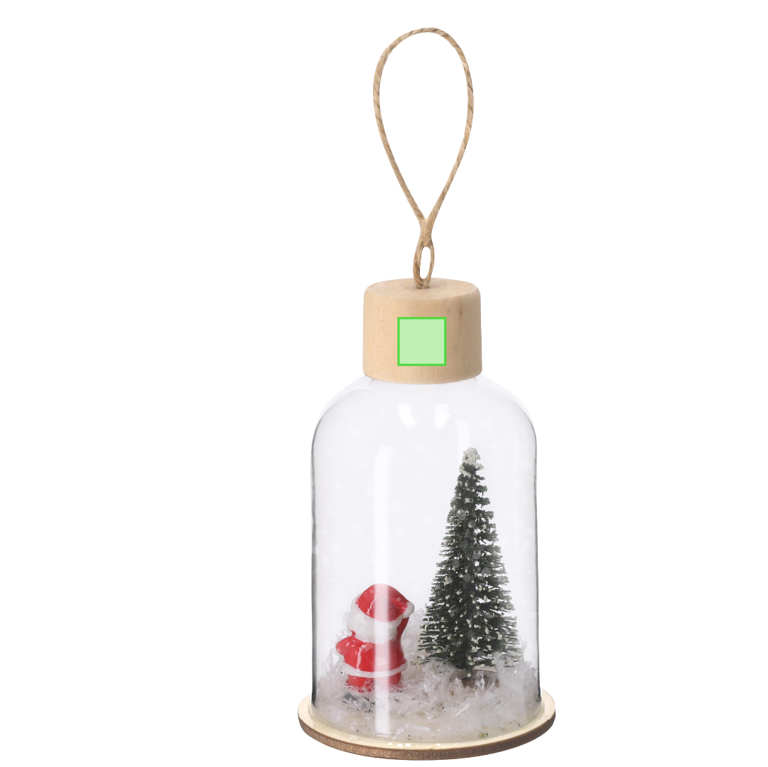 Adorno navideño iluminado Babek vidrio y madera — vidrio resistente con base de madera natural, 1 LED blanco, colgador yute, 3 pilas botón incluidas