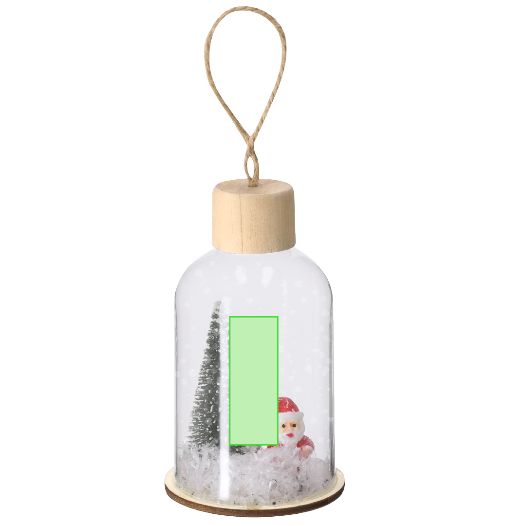 Adorno navideño iluminado Babek vidrio y madera — vidrio resistente con base de madera natural, 1 LED blanco, colgador yute, 3 pilas botón incluidas