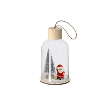 Adorno navideño iluminado Babek vidrio y madera — vidrio resistente con base de madera natural, 1 LED blanco, colgador yute, 3 pilas botón incluidas