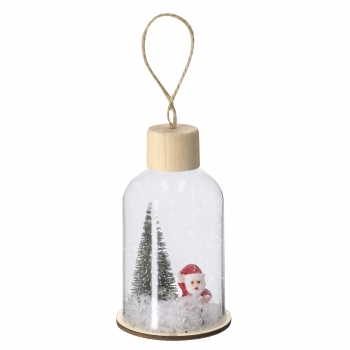 Adorno navideño iluminado Babek vidrio y madera — vidrio resistente con base de madera natural, 1 LED blanco, colgador yute, 3 pilas botón incluidas