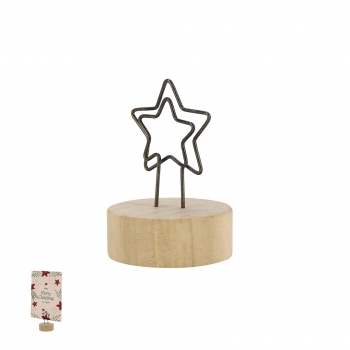 Clip navideño Rasty de madera y metal — base madera natural con clip metálico para notas, fotos y tarjetas navideñas