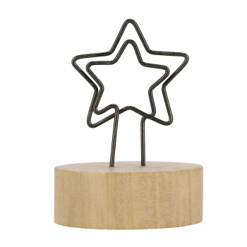 Clip navideño Rasty de madera y metal — base madera natural con clip metálico para notas, fotos y tarjetas navideñas