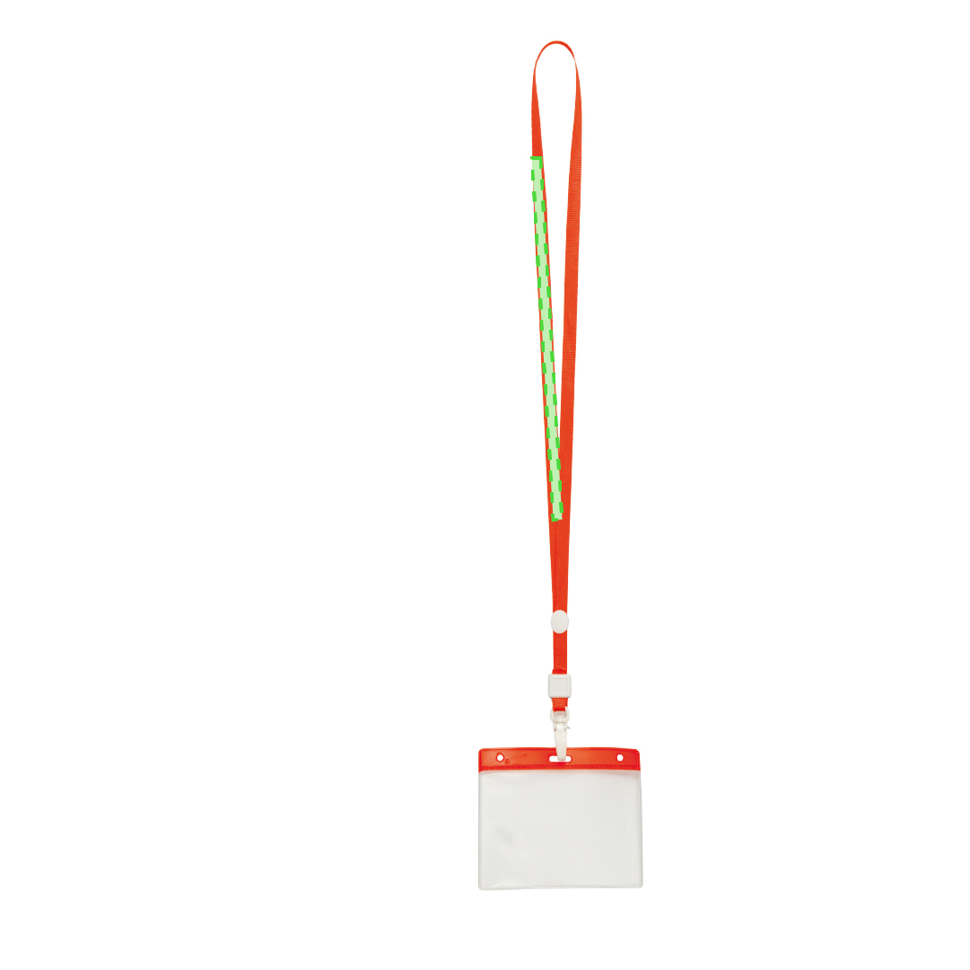 Identificador con lanyard a juego en PVC y poliéster con pastilla circular de marcaje y mosquetón