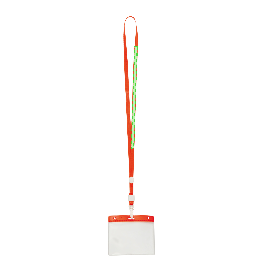 Identificador con lanyard a juego en PVC y poliéster con pastilla circular de marcaje y mosquetón