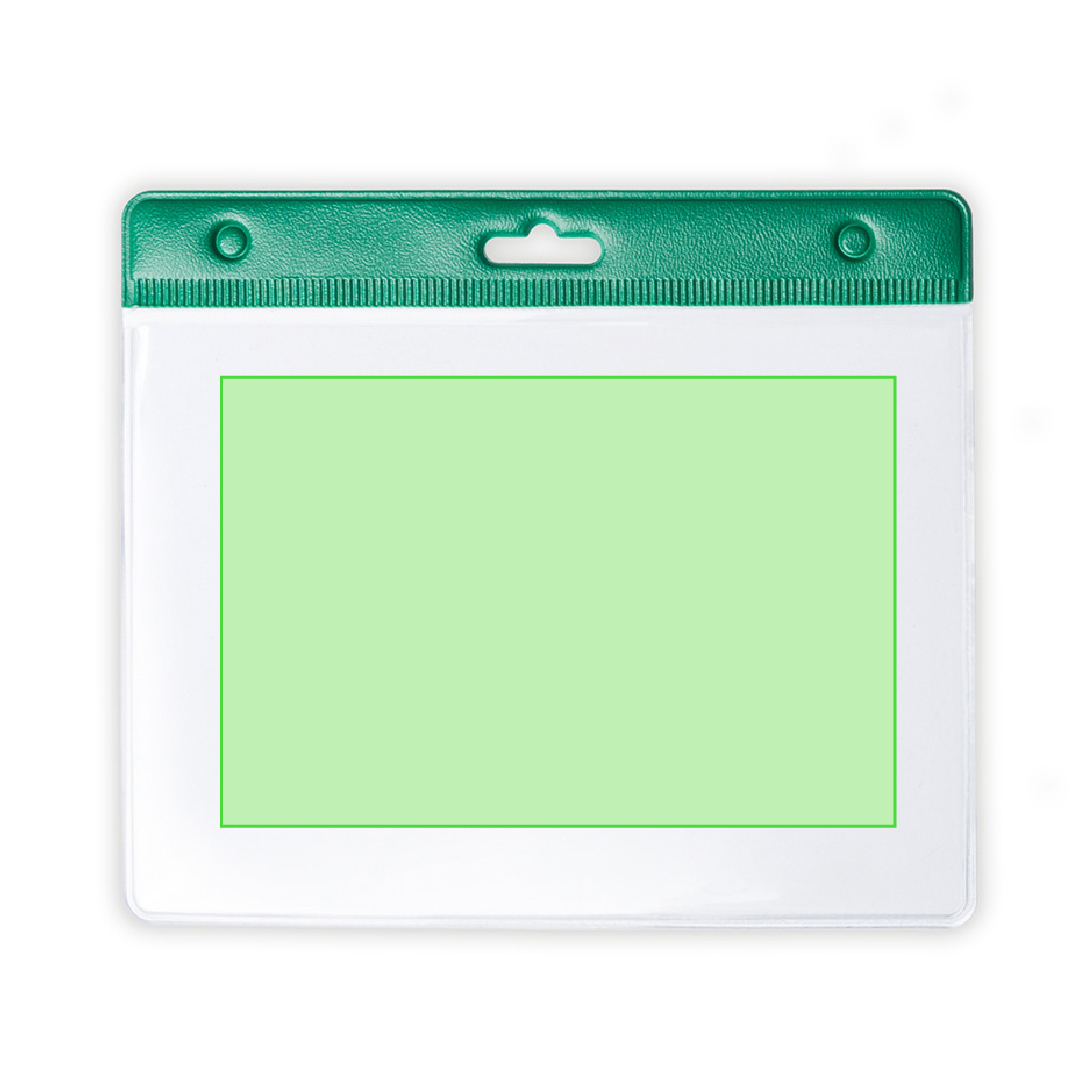 Identificador troquelado PVC con cabecera en variados colores, ventana frontal y trasera transparente