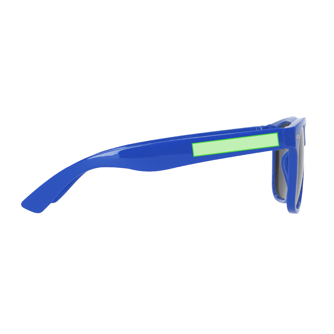 Gafas de sol UV400 con montura brillante en divertidos y variados colores y lentes negro — presentadas en bolsa individual reciclada