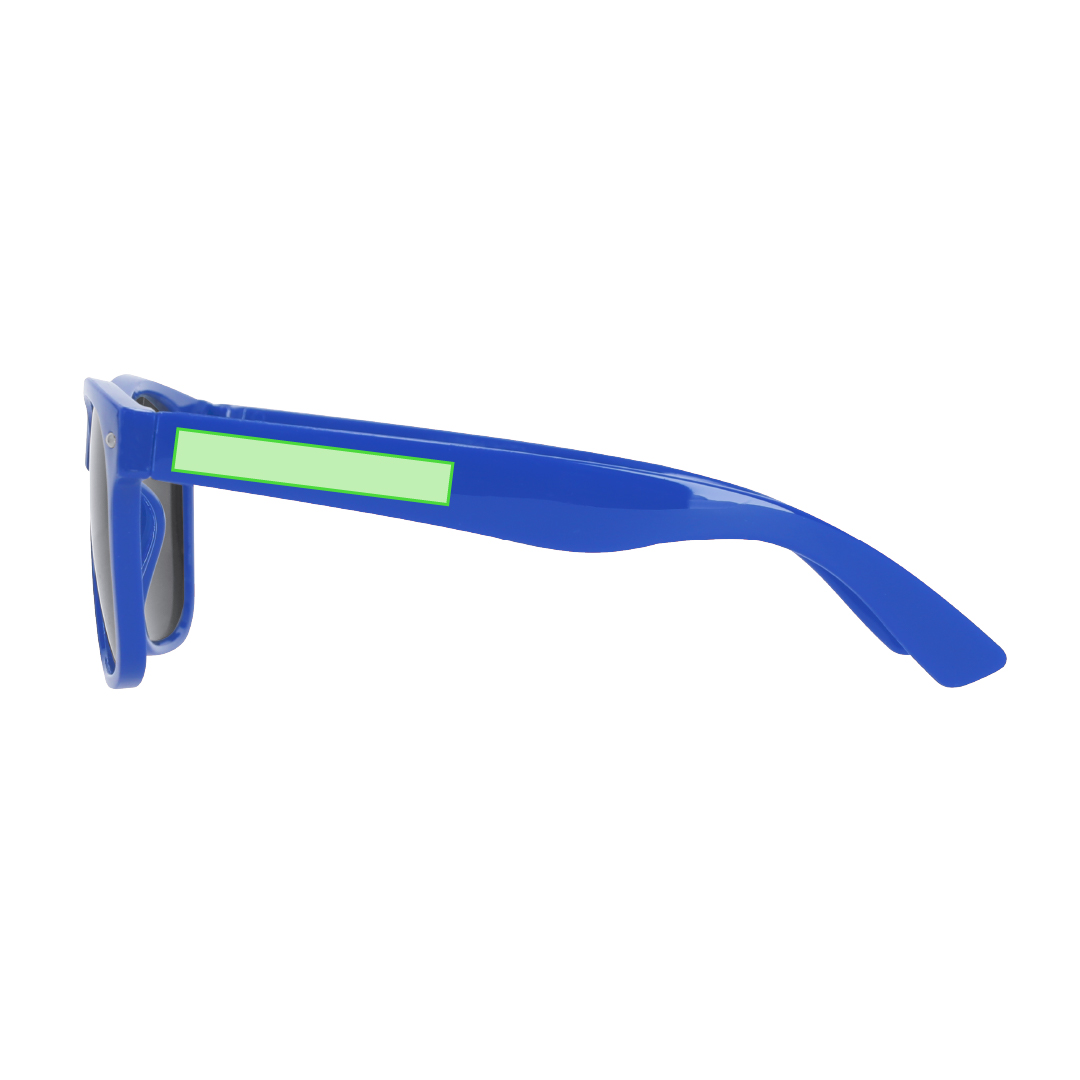 Gafas de sol UV400 con montura brillante en divertidos y variados colores y lentes negro — presentadas en bolsa individual reciclada