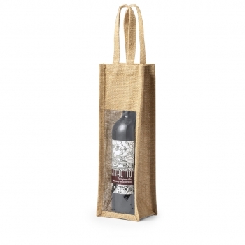 Bolsa de yute laminado para 1 botella de vino 75 cl con ventana transparente