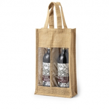 Bolsa de yute laminado para 2 botellas de vino 75 cl con ventana transparente