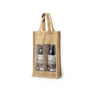 Bolsa de yute laminado para 2 botellas de vino 75 cl con ventana transparente