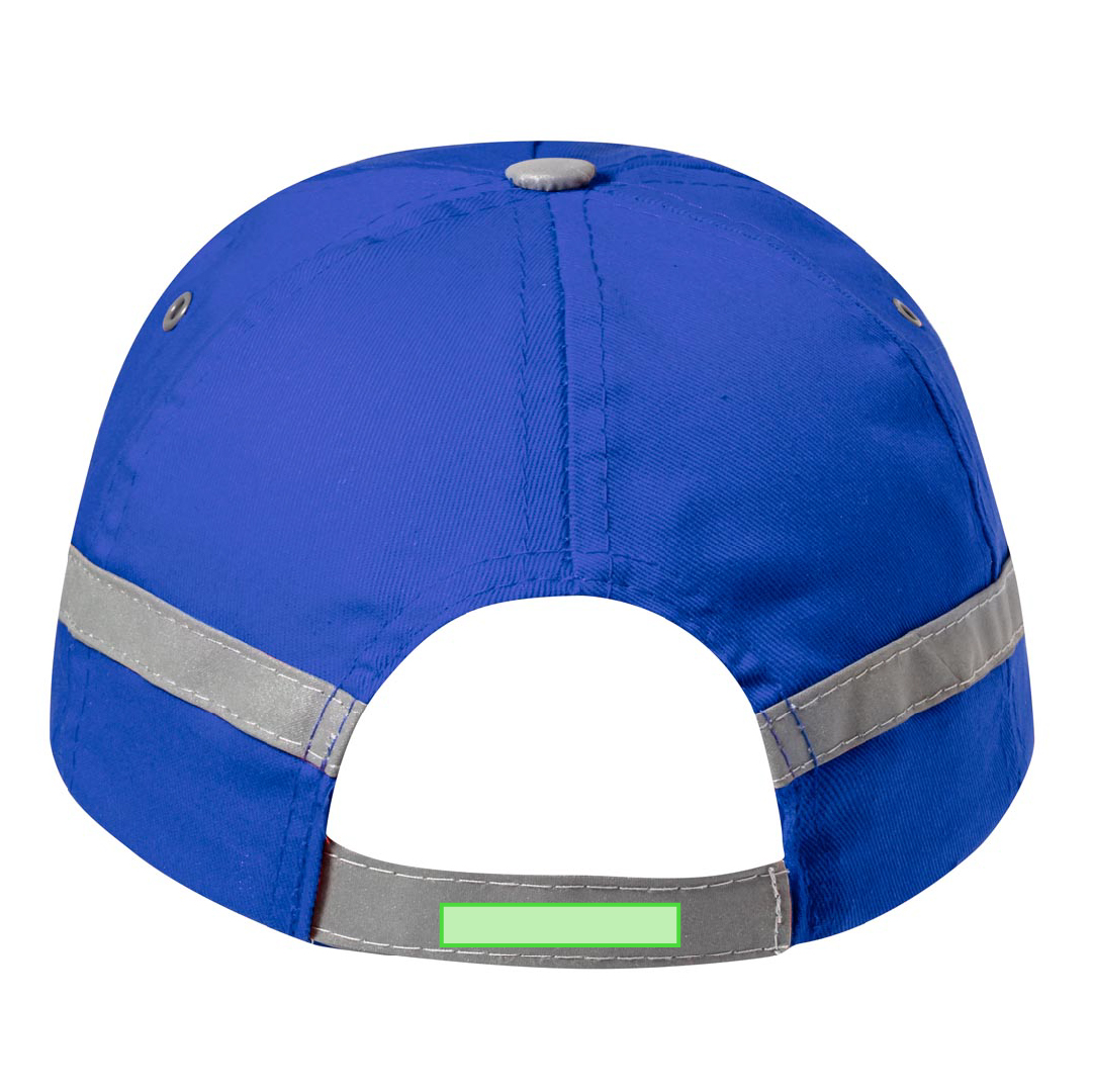 Gorra 5 paneles de algodón 100% con tira reflectante en visera y cuerpo, ventilación bordada y cierre de velcro