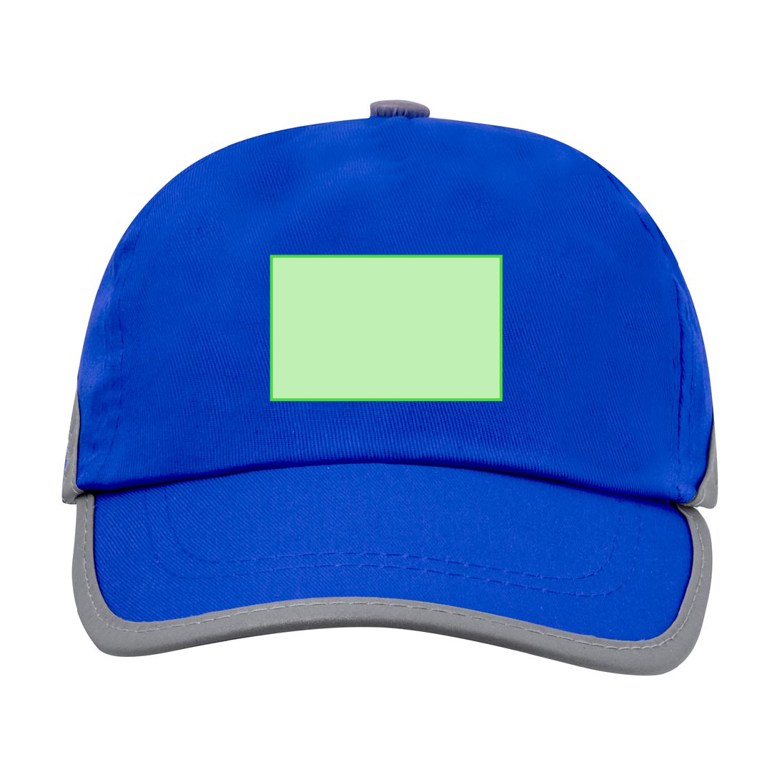 Gorra 5 paneles de algodón 100% con tira reflectante en visera y cuerpo, ventilación bordada y cierre de velcro