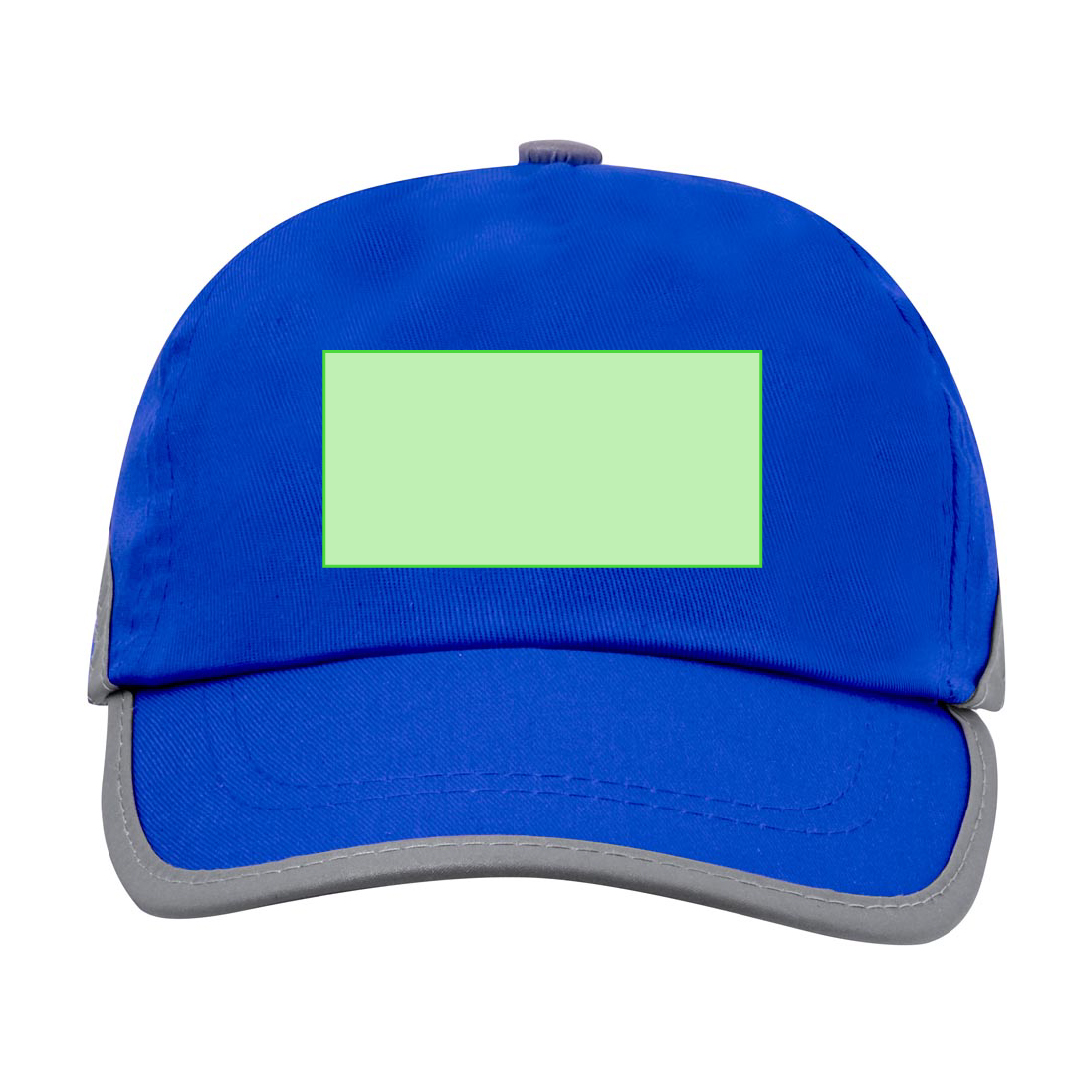 Gorra 5 paneles de algodón 100% con tira reflectante en visera y cuerpo, ventilación bordada y cierre de velcro