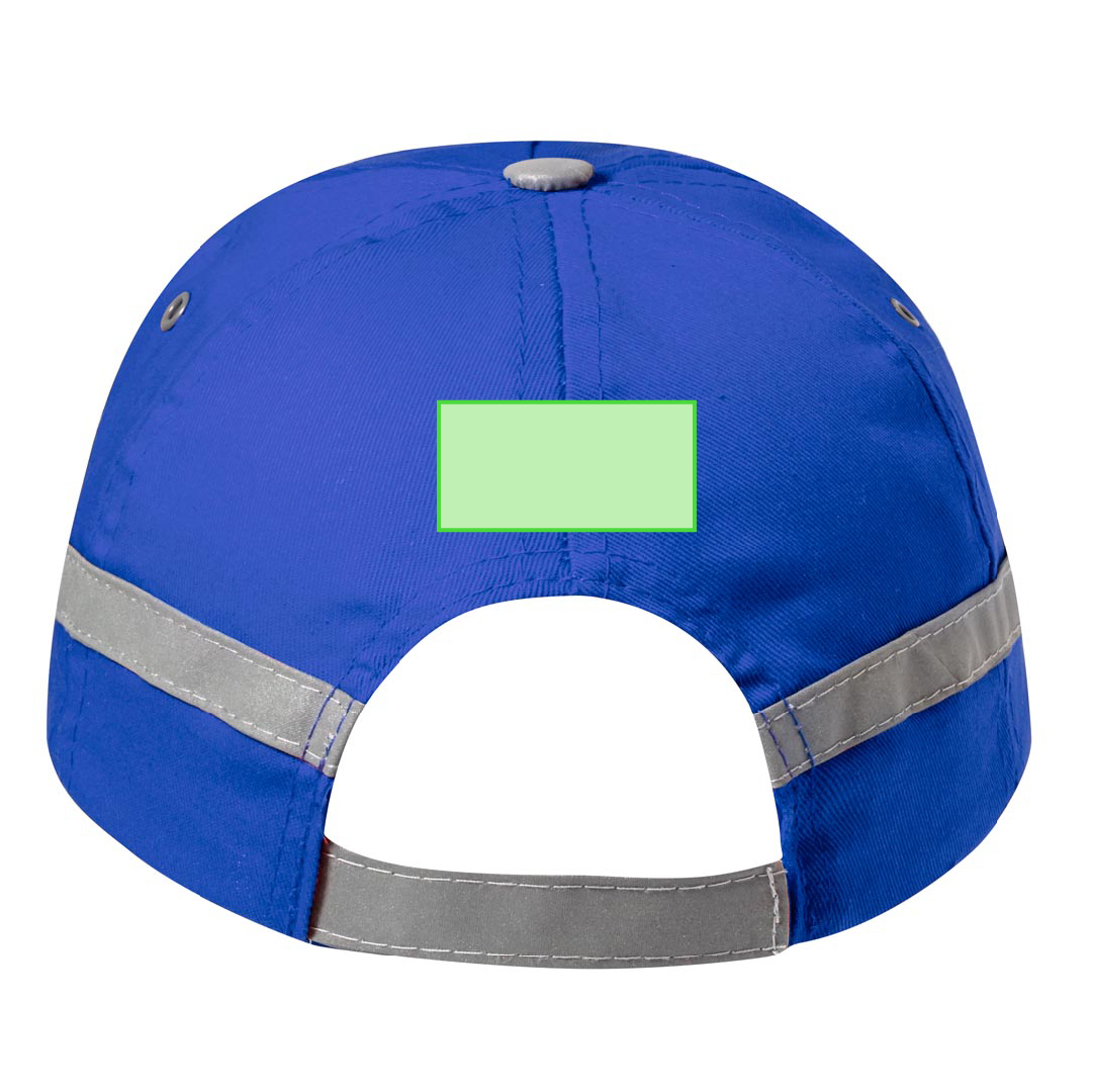Gorra 5 paneles de algodón 100% con tira reflectante en visera y cuerpo, ventilación bordada y cierre de velcro