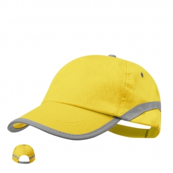 Gorra 5 paneles de algodón 100% con tira reflectante en visera y cuerpo, ventilación bordada y cierre de velcro