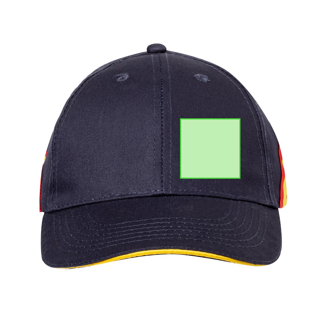 Gorra Iberia bandera España — 100% algodón peinado 6 paneles, sandwich tricolor, accesorios bandera y orificio ventilación bordados, cierre velcro