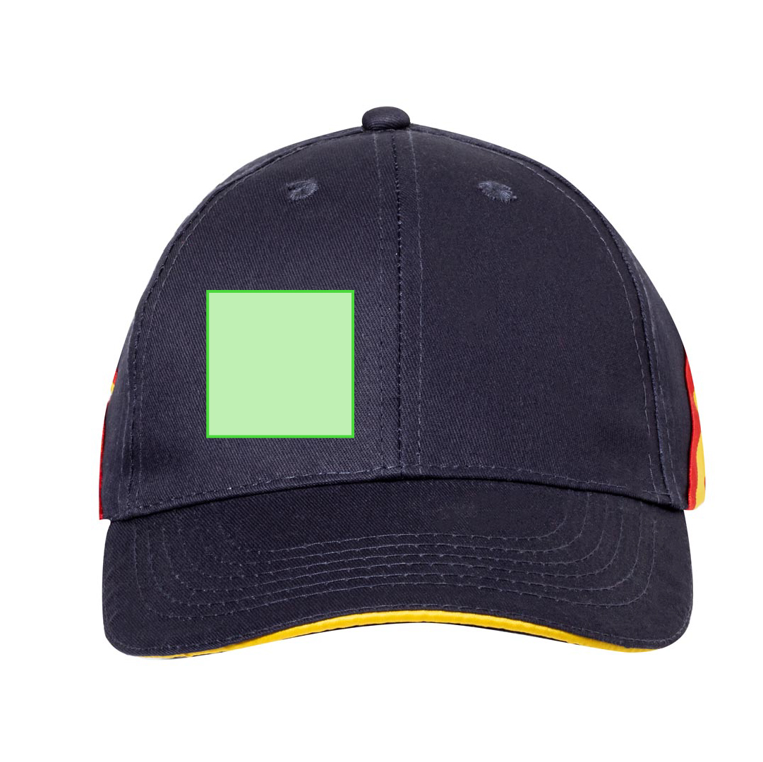 Gorra Iberia bandera España — 100% algodón peinado 6 paneles, sandwich tricolor, accesorios bandera y orificio ventilación bordados, cierre velcro