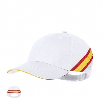 Gorra Iberia bandera España — 100% algodón peinado 6 paneles, sandwich tricolor, accesorios bandera y orificio ventilación bordados, cierre velcro
