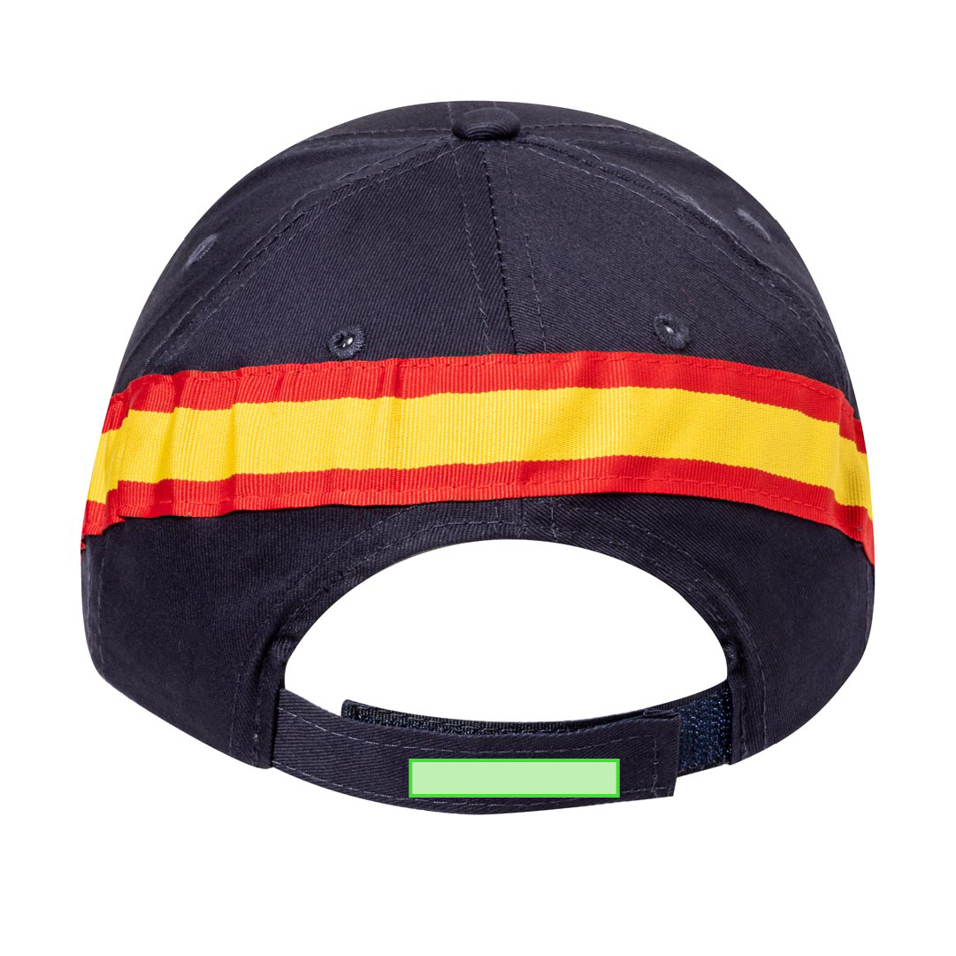 Gorra Iberia bandera España — 100% algodón peinado 6 paneles, sandwich tricolor, accesorios bandera y orificio ventilación bordados, cierre velcro
