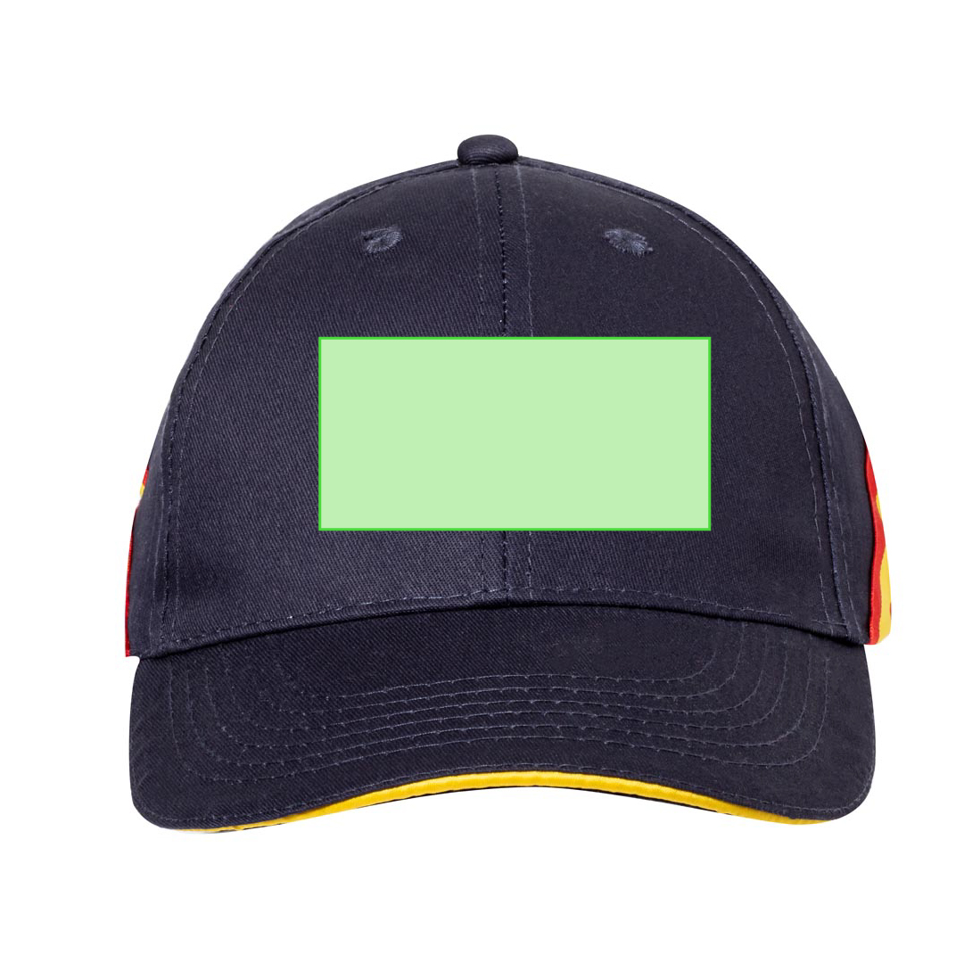 Gorra Iberia bandera España — 100% algodón peinado 6 paneles, sandwich tricolor, accesorios bandera y orificio ventilación bordados, cierre velcro