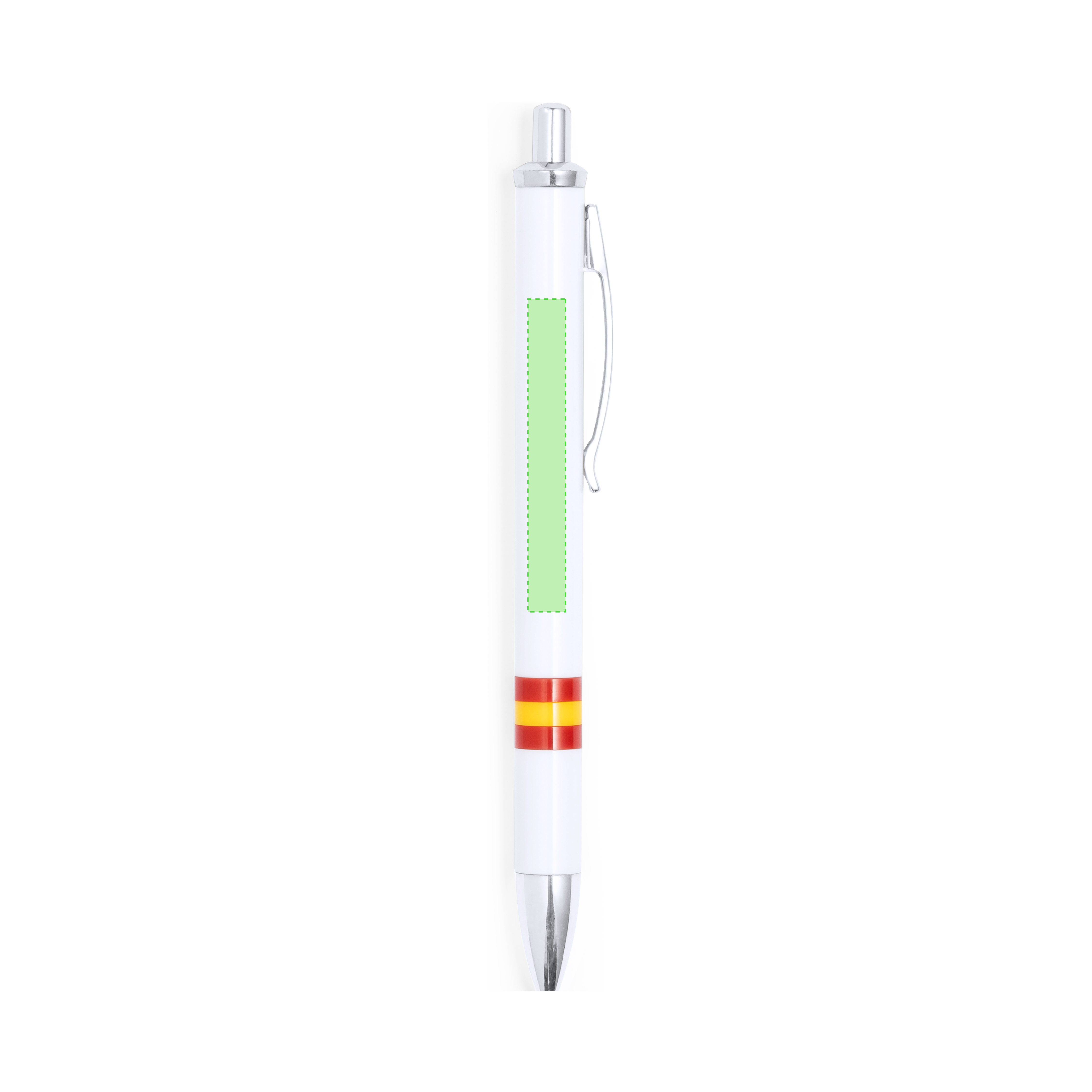 Bolígrafo Horten diseño bandera nacional — mecanismo pulsador bicolor, cuerpo blanco con bandera España, clip metálico y carga jumbo tinta azul