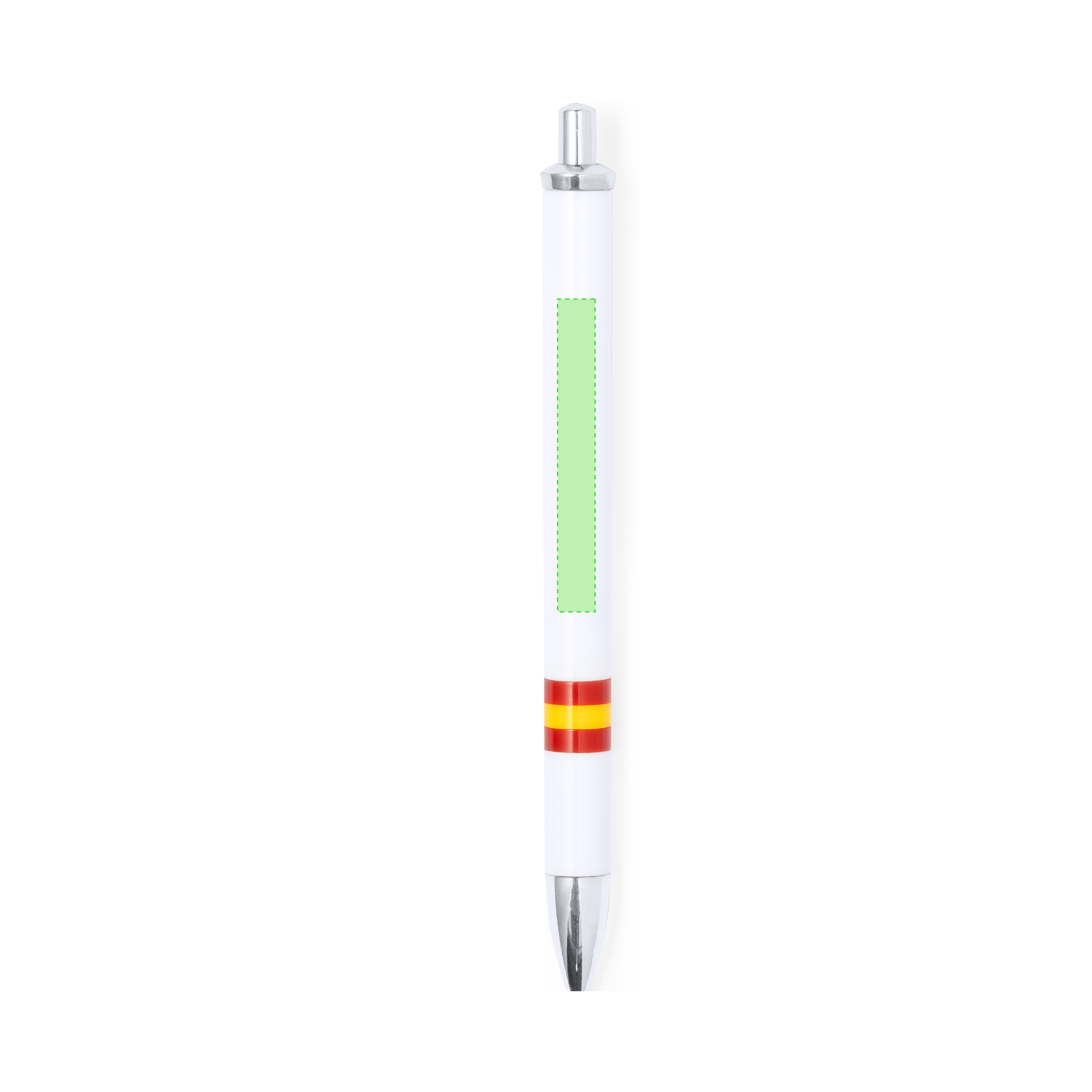 Bolígrafo Horten diseño bandera nacional — mecanismo pulsador bicolor, cuerpo blanco con bandera España, clip metálico y carga jumbo tinta azul