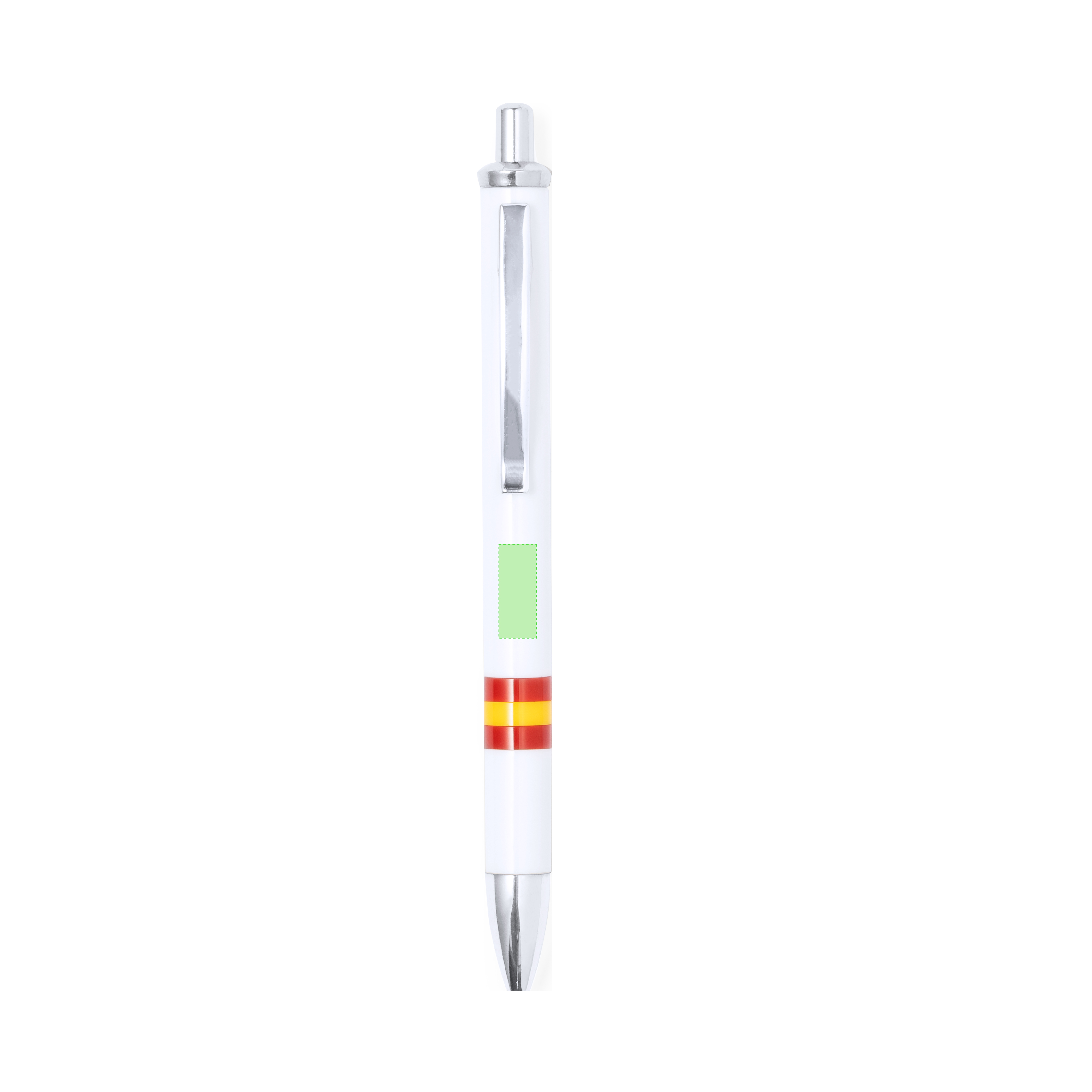 Bolígrafo Horten diseño bandera nacional — mecanismo pulsador bicolor, cuerpo blanco con bandera España, clip metálico y carga jumbo tinta azul