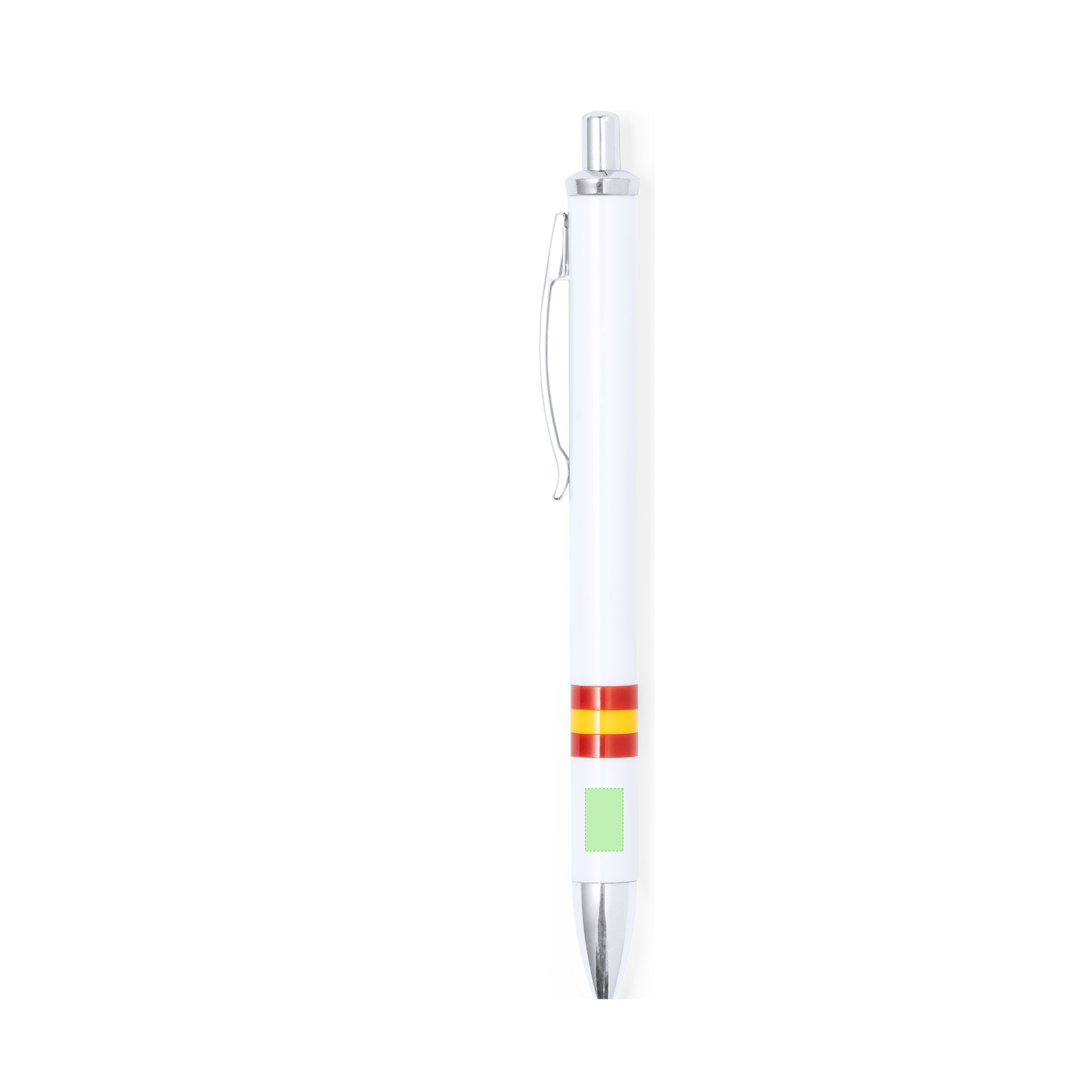 Bolígrafo Horten diseño bandera nacional — mecanismo pulsador bicolor, cuerpo blanco con bandera España, clip metálico y carga jumbo tinta azul