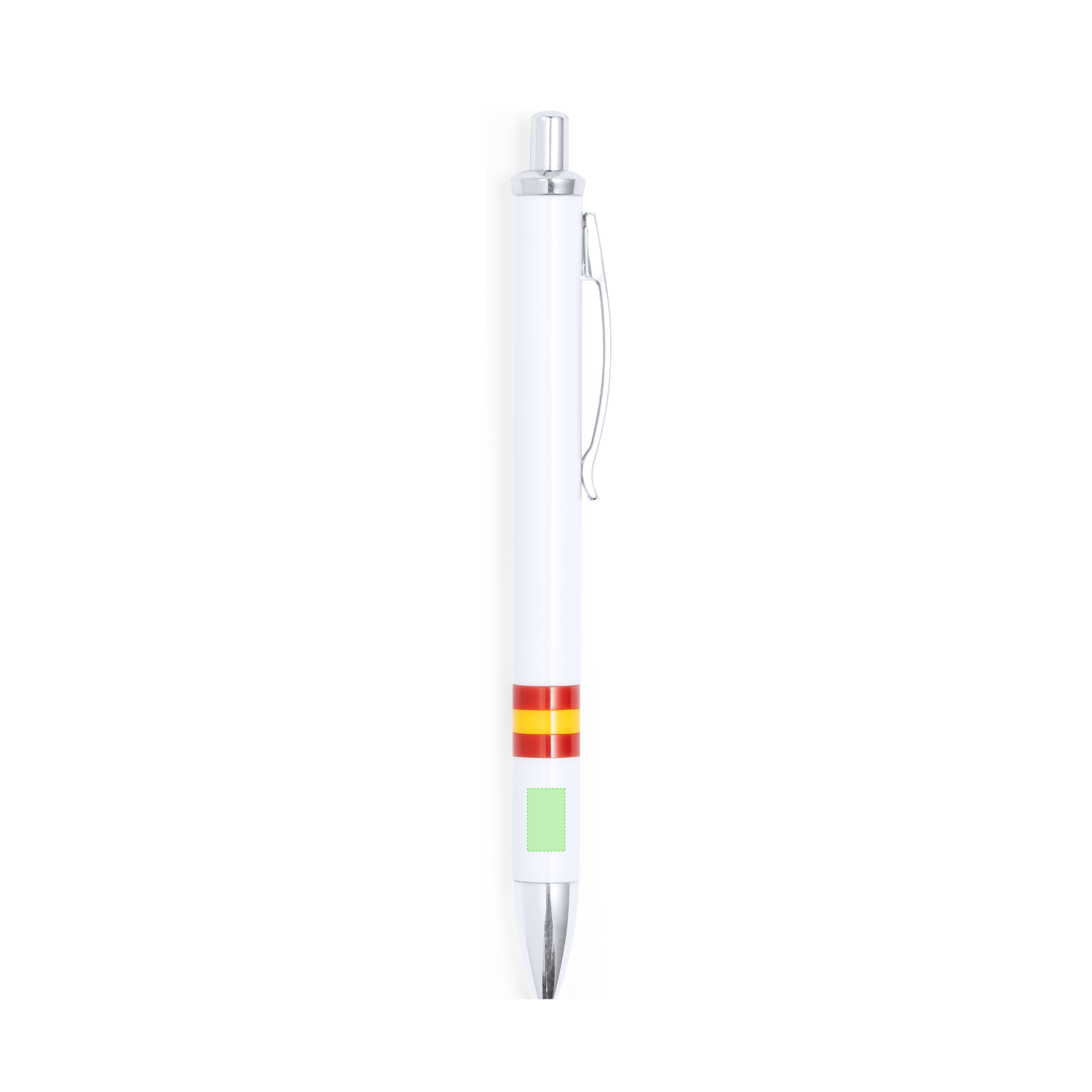 Bolígrafo Horten diseño bandera nacional — mecanismo pulsador bicolor, cuerpo blanco con bandera España, clip metálico y carga jumbo tinta azul