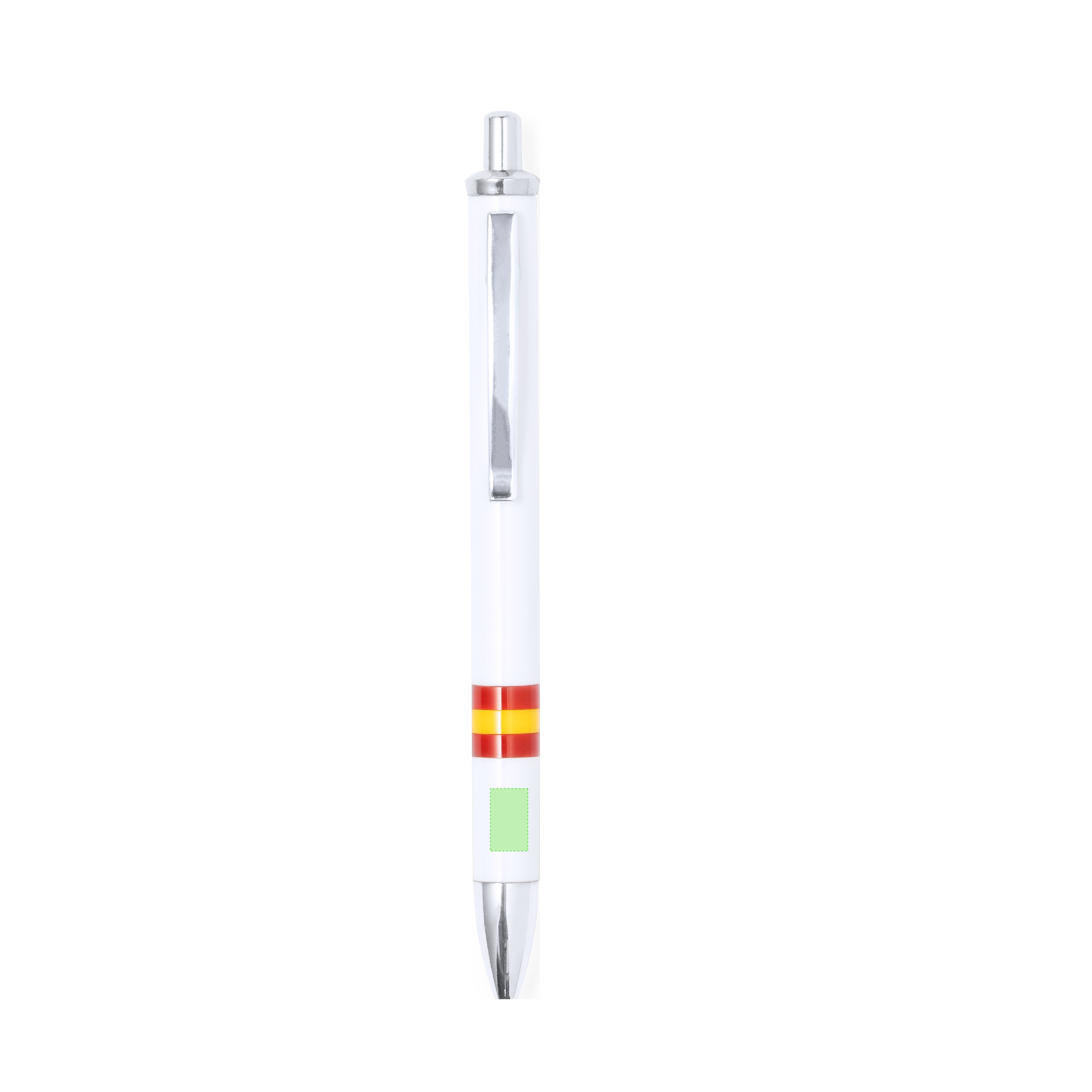 Bolígrafo Horten diseño bandera nacional — mecanismo pulsador bicolor, cuerpo blanco con bandera España, clip metálico y carga jumbo tinta azul