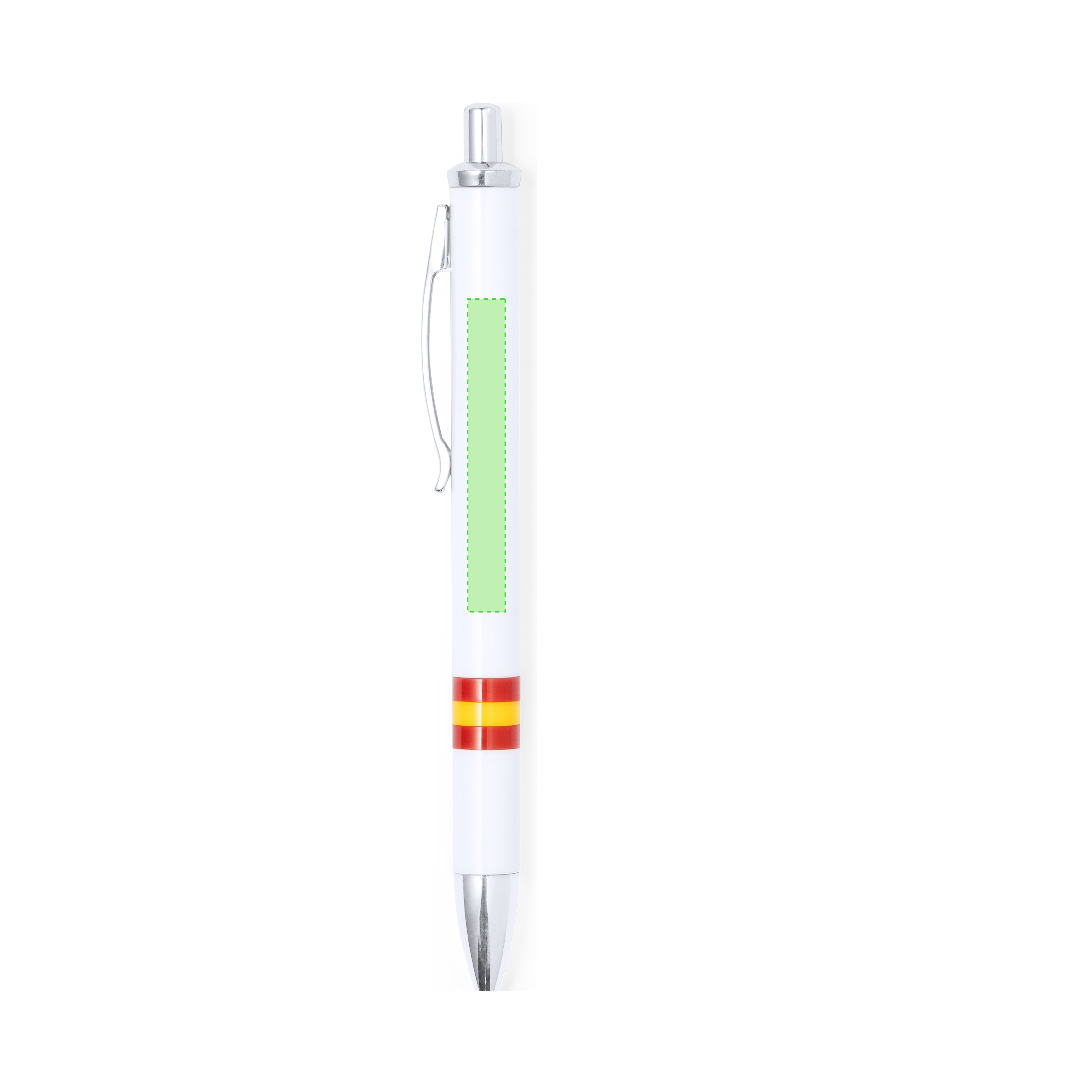 Bolígrafo Horten diseño bandera nacional — mecanismo pulsador bicolor, cuerpo blanco con bandera España, clip metálico y carga jumbo tinta azul