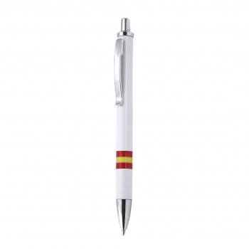 Bolígrafo Horten diseño bandera nacional — mecanismo pulsador bicolor, cuerpo blanco con bandera España, clip metálico y carga jumbo tinta azul